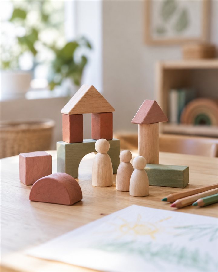 Bloques de colores, figuras de madera y lápices como materiales de juego